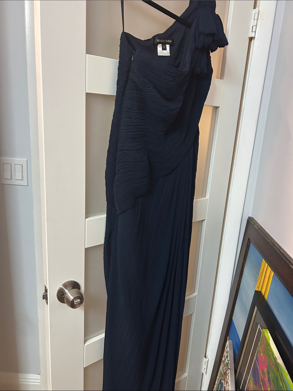 Tadashi Shoji Navy One-Shoulder Pleated Gown with Draped Bodice